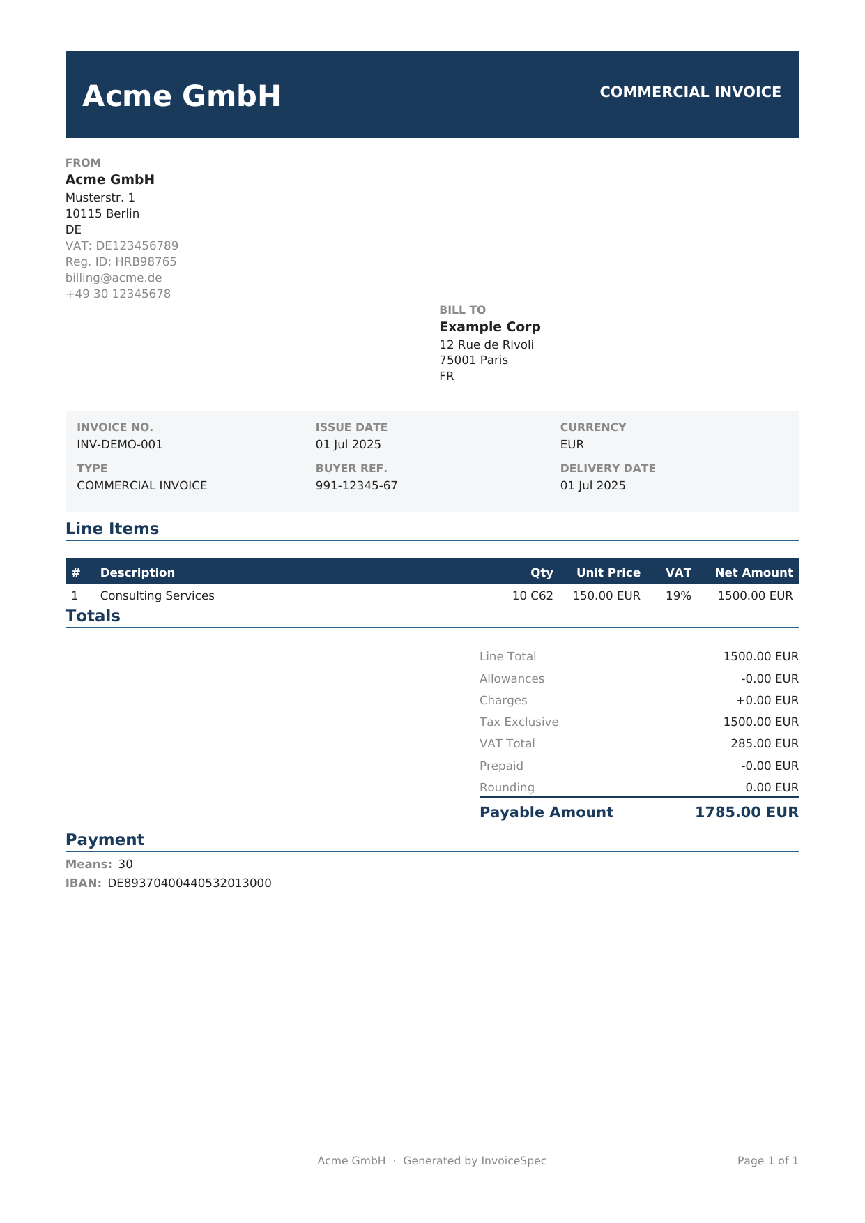 Real generated ZUGFeRD PDF/A-3 invoice — page 1